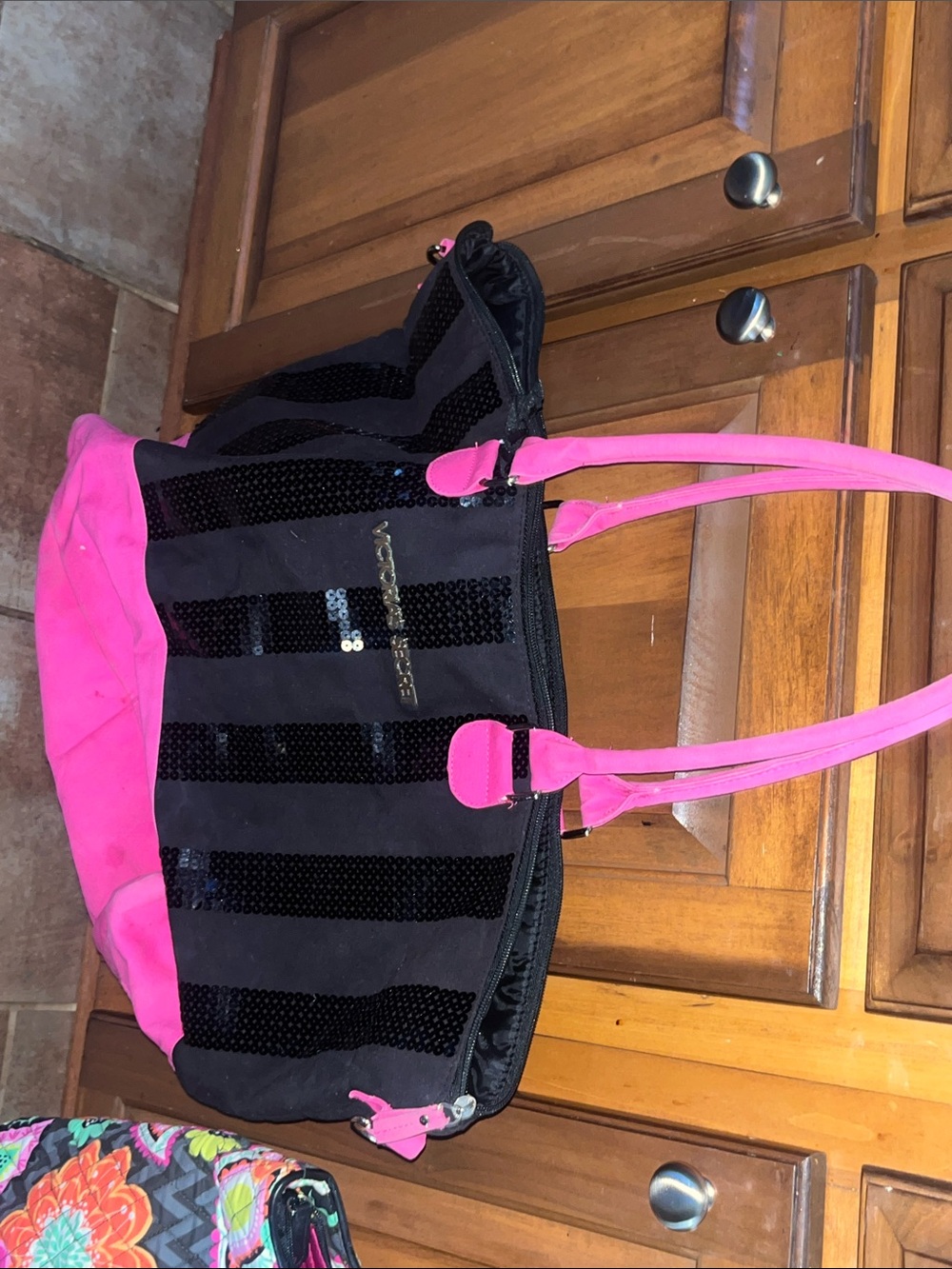 Victoria's Secret Black Tote with Hot Pink Accents and Sequin Stripes